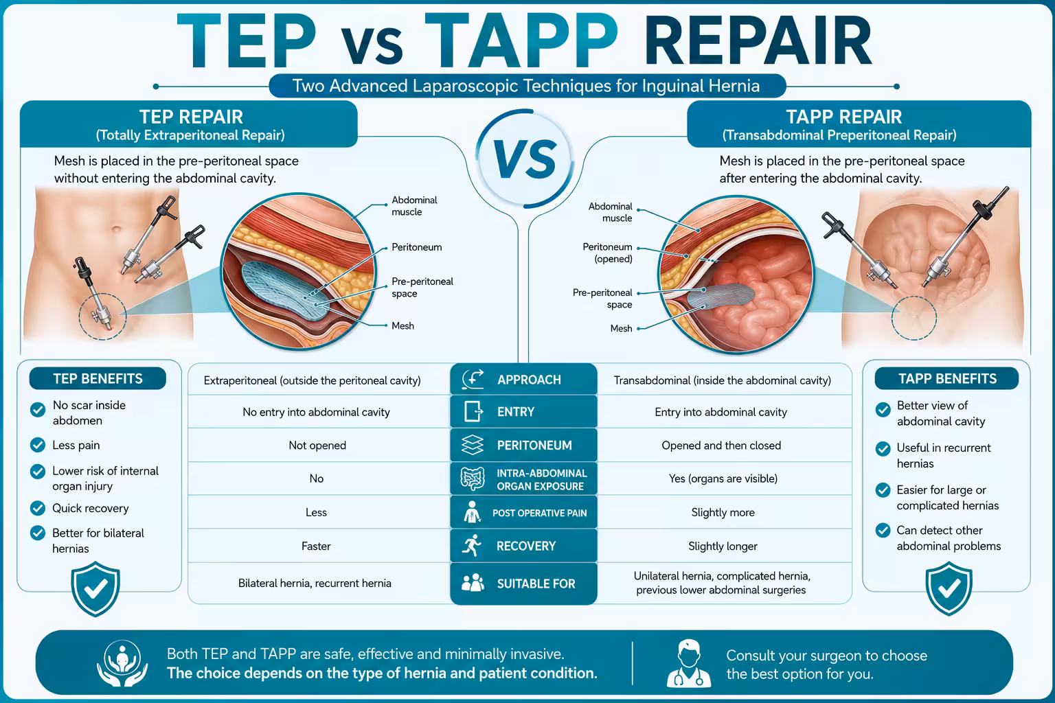 TEP vs TAPP laparoscopic inguinal hernia repair techniques